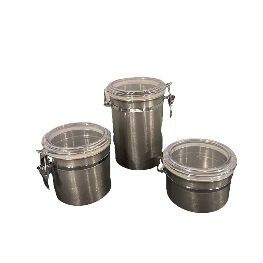 Vintage Oggi Stainless Steel 3 Piece Stainless Set Acrylic Lids Air-tight clamps